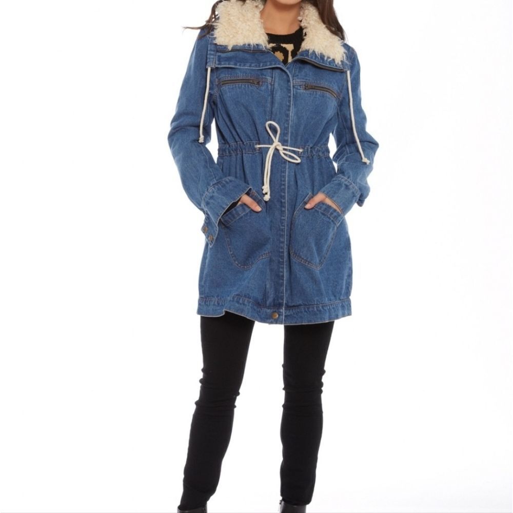 MINKPINK Sherpa Collar Denim Parka Jacket Women's M